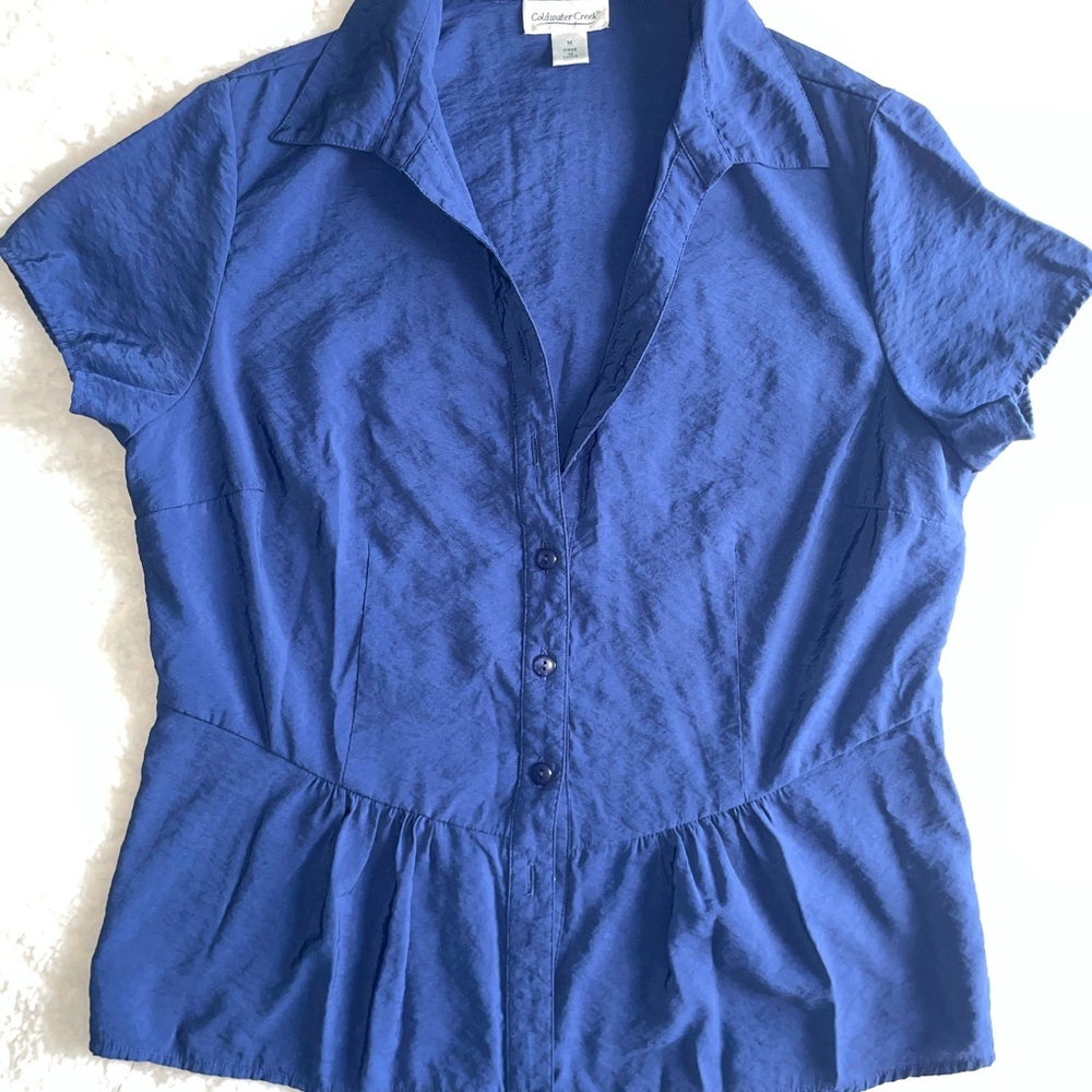 Coldwater Creek Blue Puff Sleeve Button Down Shirt
